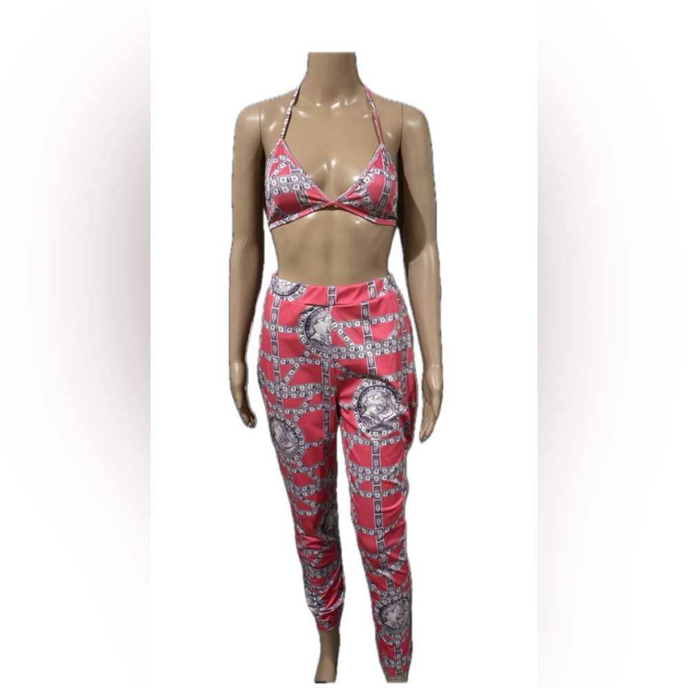 Pink and Grey Money Patterned Three-Piece Leggings Set - Picture 3 of 4